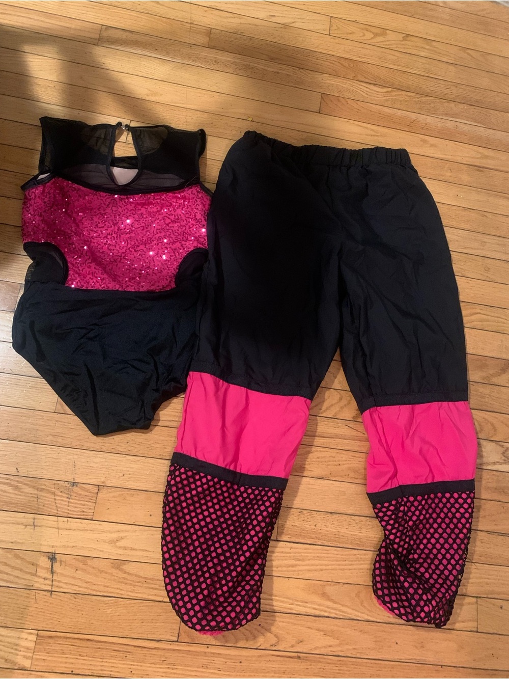 Weissman Black & Fuchsia Track Joggers Mesh Panels Dance outfit sequin leotard